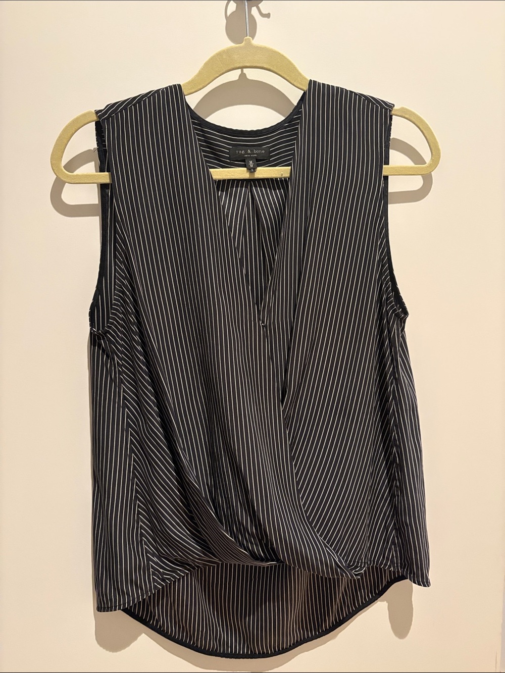 The Rag & Bone Sleeveless Silk Black Pinstripe Wrap Top